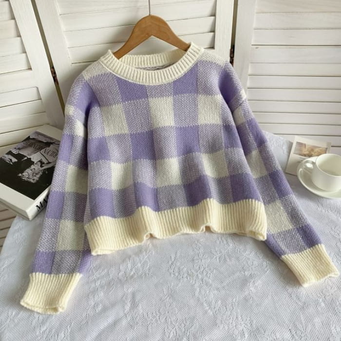 Long-Sleeve Crew Neck Gingham Sweater - Plaid - Purple