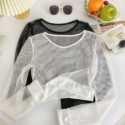 Long-Sleeve Crew Neck Plain Mesh Crop Top