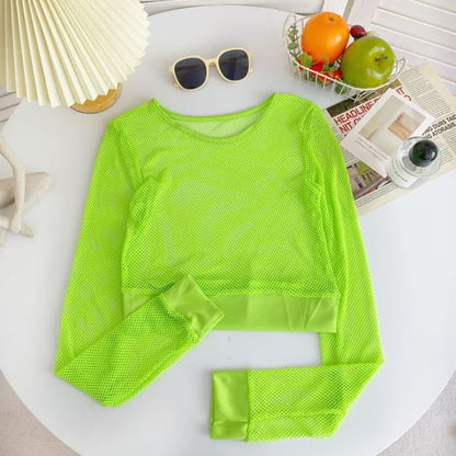 Long-Sleeve Crew Neck Plain Mesh Crop Top - Neon Green