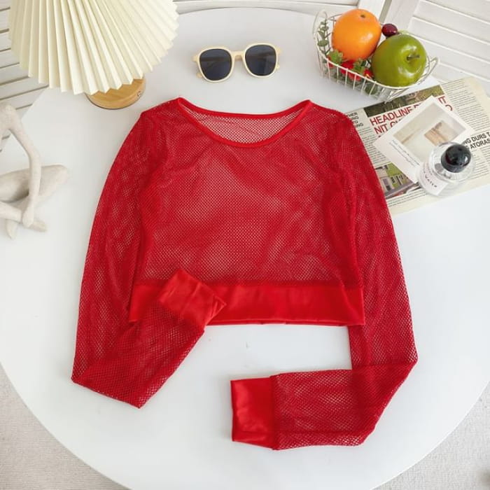 Long-Sleeve Crew Neck Plain Mesh Crop Top - Red / One Size