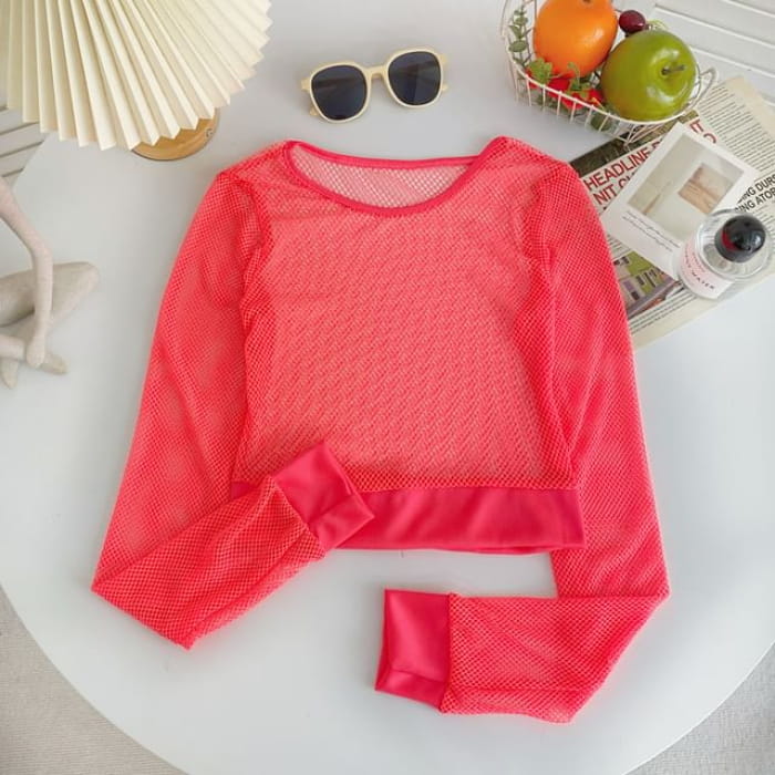 Long-Sleeve Crew Neck Plain Mesh Crop Top - Rose Pink