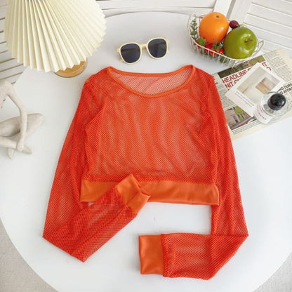 Long-Sleeve Crew Neck Plain Mesh Crop Top - Tangerine