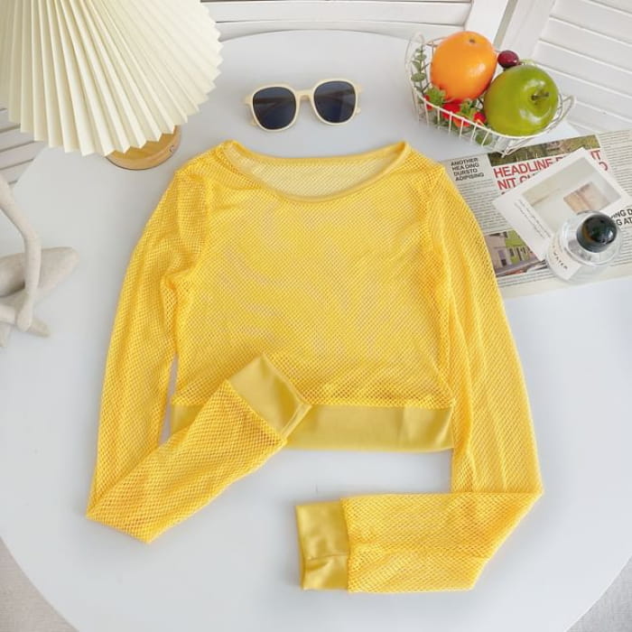 Long-Sleeve Crew Neck Plain Mesh Crop Top - Yellow