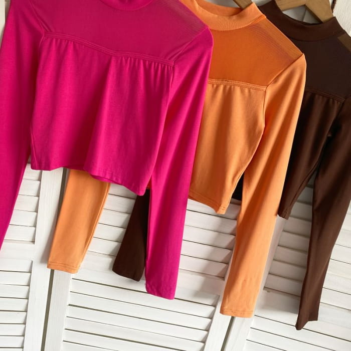 Long-Sleeve Crew Neck Plain Mesh Panel Crop T-Shirt