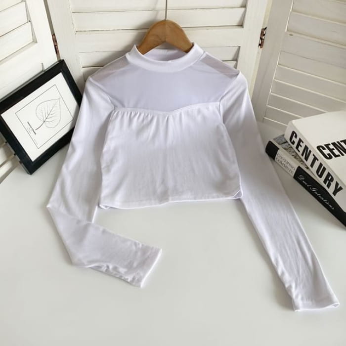 Long-Sleeve Crew Neck Plain Mesh Panel Crop T-Shirt