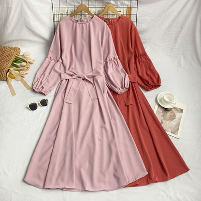 Long-Sleeve Crew Neck Plain Sashed Midi A-Line Dress