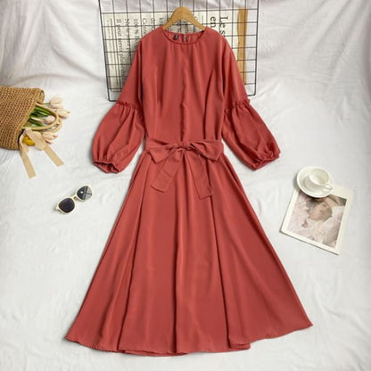 Long-Sleeve Crew Neck Plain Sashed Midi A-Line Dress