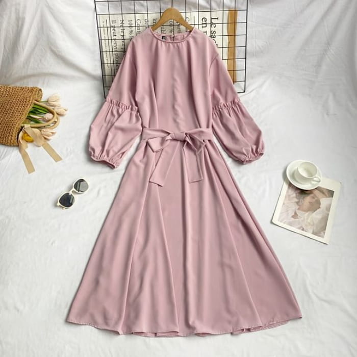 Long-Sleeve Crew Neck Plain Sashed Midi A-Line Dress - Pink