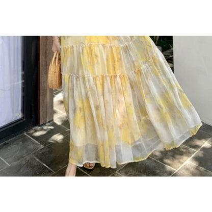 Long-Sleeve Crew Neck Tie Dye Ruffle Midi A-Line Dress