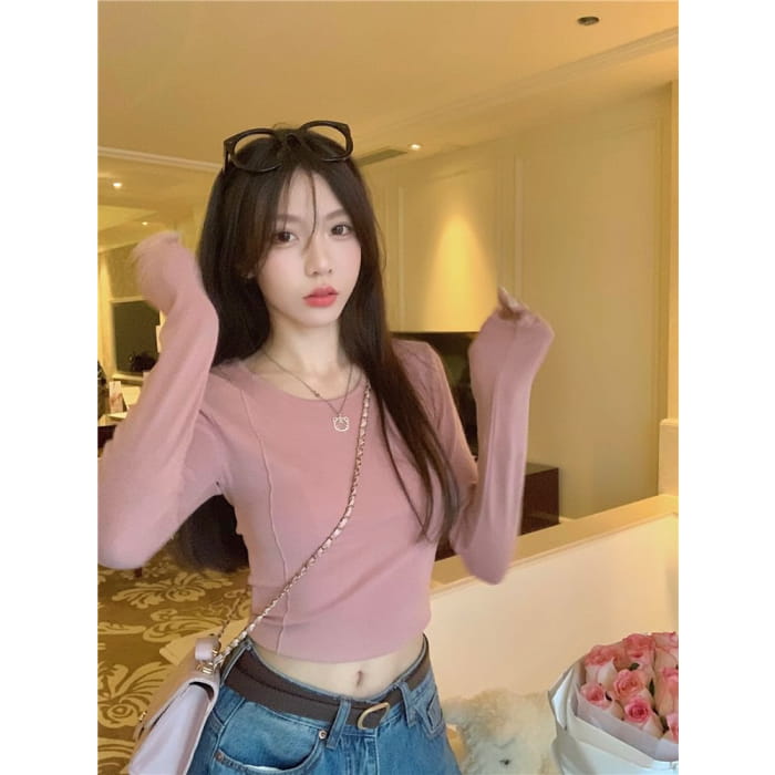 Long-Sleeve Crewneck Plain Crop T-Shirt - Clothing