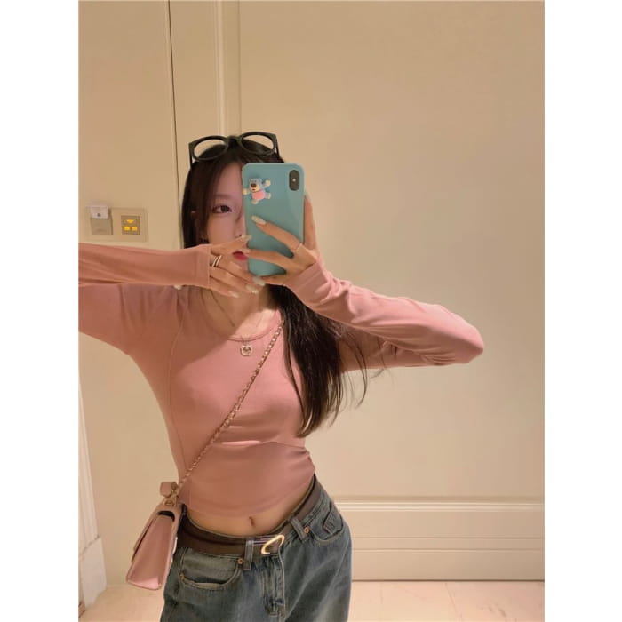 Long-Sleeve Crewneck Plain Crop T-Shirt - Clothing