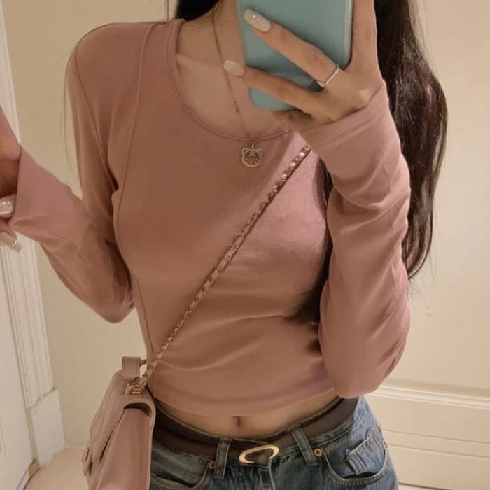 Long-Sleeve Crewneck Plain Crop T-Shirt - Pink / M