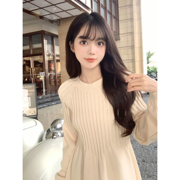 Long-Sleeve Crewneck Plain Knit A-Line Dress - Dresses