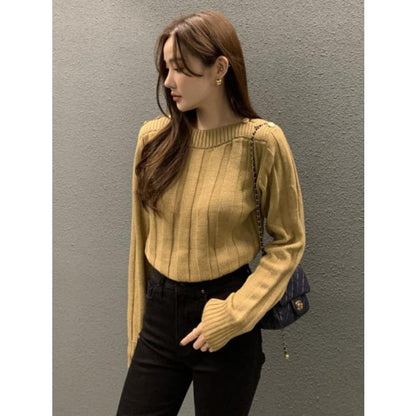 Long-Sleeve Crewneck Plain Knit Top