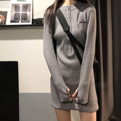 Long-Sleeve Crewneck Plain Mini Bodycon Dress