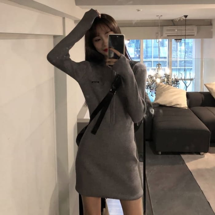 Long-Sleeve Crewneck Plain Mini Bodycon Dress - Gray