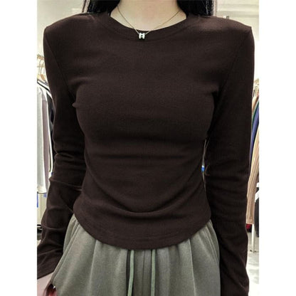 Long-Sleeve Crewneck Plain Tee - Clothing