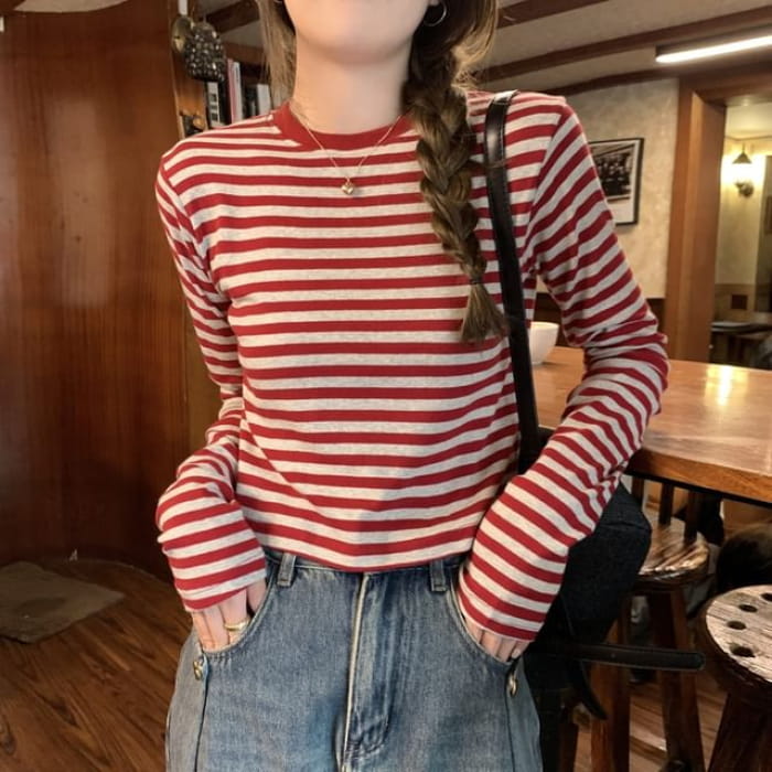 Long-Sleeve Crewneck Striped Tee - Clothing