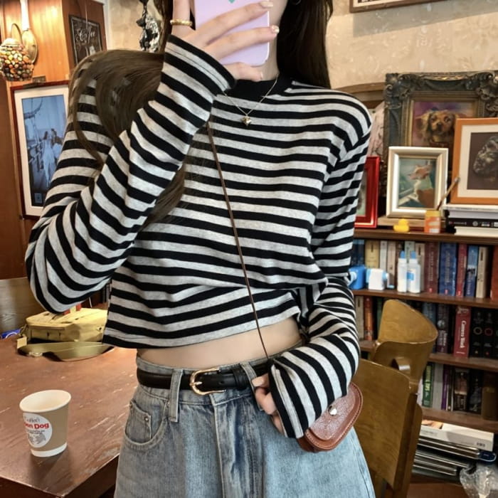 Long-Sleeve Crewneck Striped Tee - Clothing