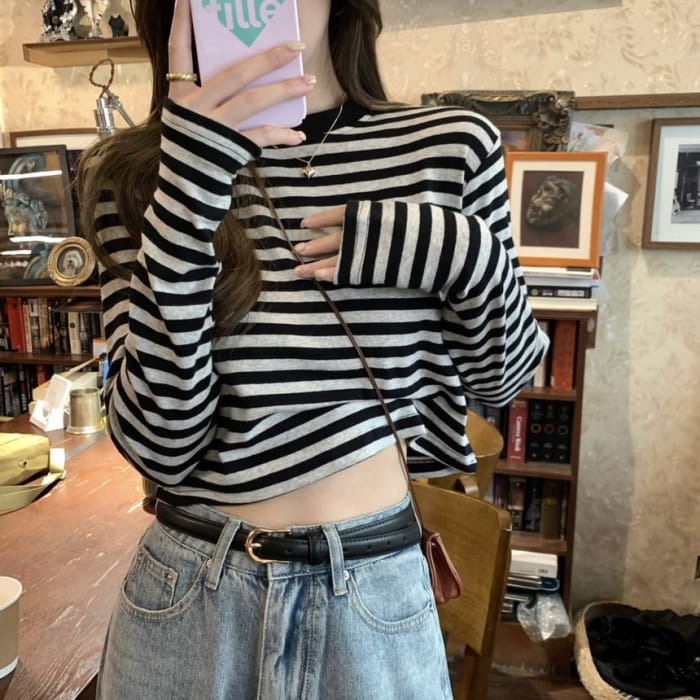 Long-Sleeve Crewneck Striped Tee - Clothing