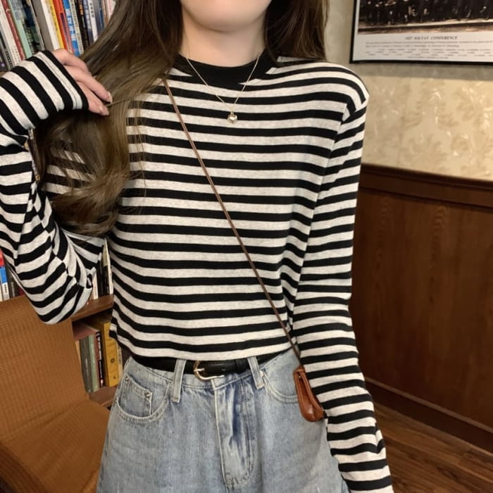 Long-Sleeve Crewneck Striped Tee - Clothing