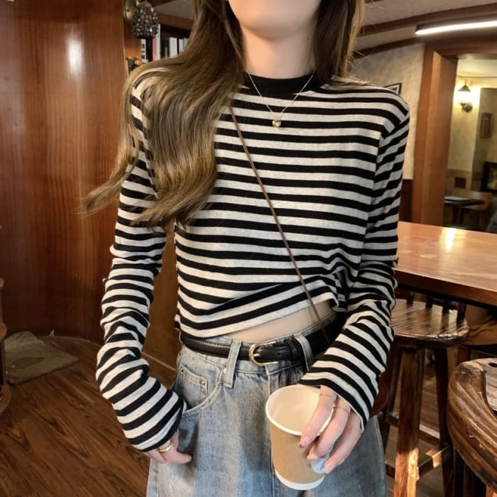 Long-Sleeve Crewneck Striped Tee - Clothing