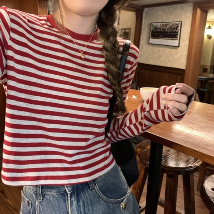 Long-Sleeve Crewneck Striped Tee - Red / M - Clothing