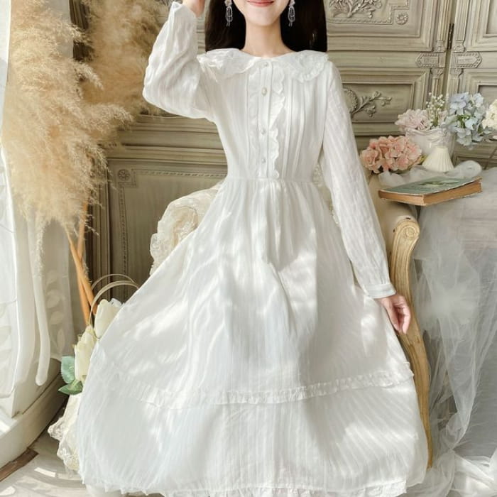 Long-Sleeve Doll Collar Plain Frill Trim Faux Pearl