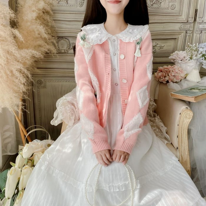 Long-Sleeve Doll Collar Plain Frill Trim Faux Pearl