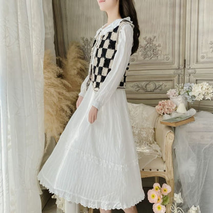 Long-Sleeve Doll Collar Plain Frill Trim Faux Pearl