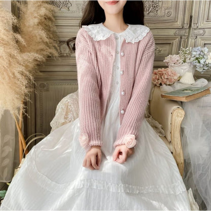 Long-Sleeve Doll Collar Plain Frill Trim Faux Pearl