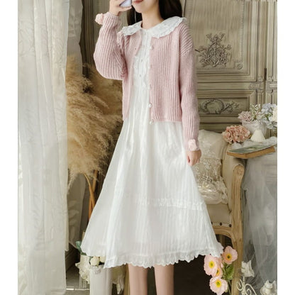 Long-Sleeve Doll Collar Plain Frill Trim Faux Pearl