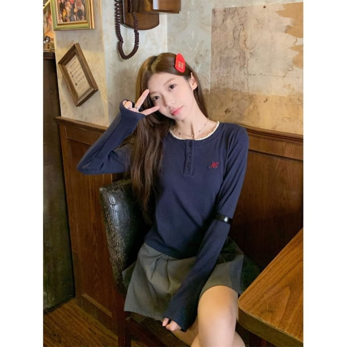 Long-Sleeve Embroidered Half Buttoned Top - Clothing