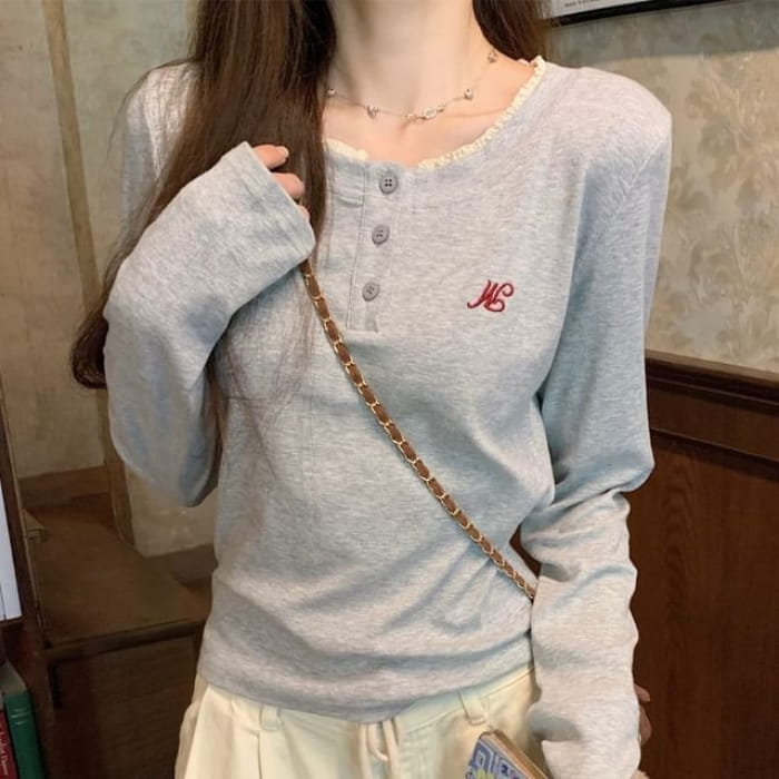 Long-Sleeve Embroidered Half Buttoned Top - Gray / S