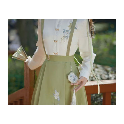 Long-Sleeve Embroidered Shirt / Maxi Pinafore Skirt / Set