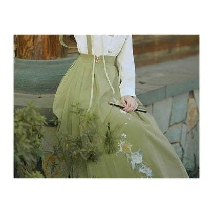 Long-Sleeve Embroidered Shirt / Maxi Pinafore Skirt / Set