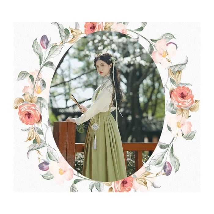 Long-Sleeve Embroidered Shirt / Maxi Pinafore Skirt / Set