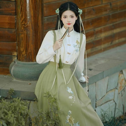 Long-Sleeve Embroidered Shirt / Maxi Pinafore Skirt / Set