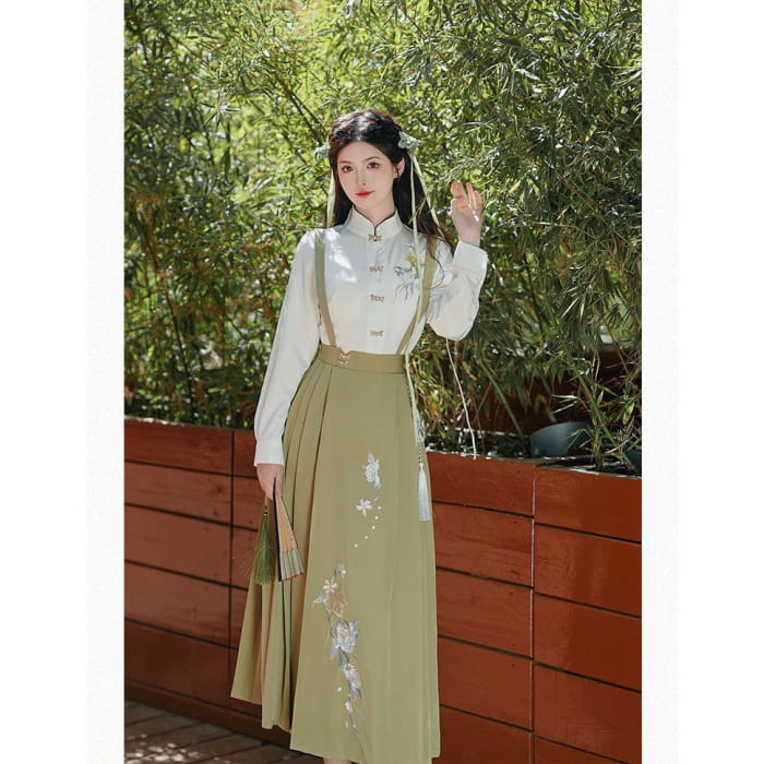 Long-Sleeve Embroidered Shirt / Maxi Pinafore Skirt / Set