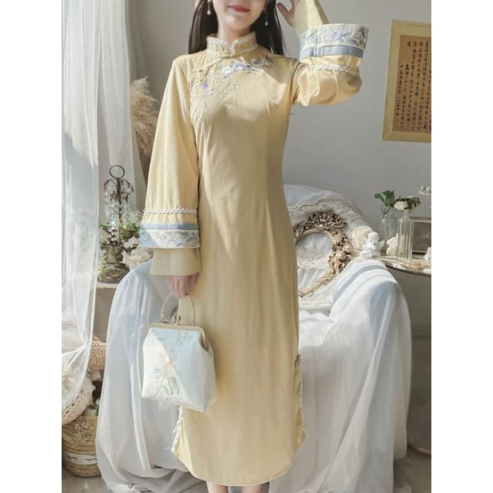 Long-Sleeve Floral Embroidered Panel Midi A-Line Qipao