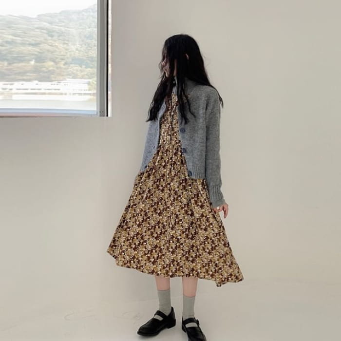 Long-Sleeve Floral Midi Smock Dress - Yellow / One Size