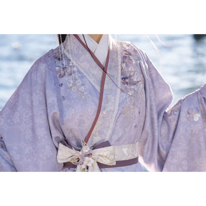 Long-Sleeve Floral Print Hanfu Robe / Sash / High Waist