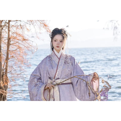 Long-Sleeve Floral Print Hanfu Robe / Sash / High Waist