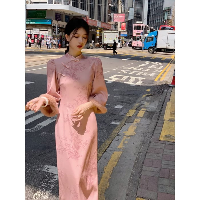 Long-Sleeve Frog Buttoned Midi Qipao Dress