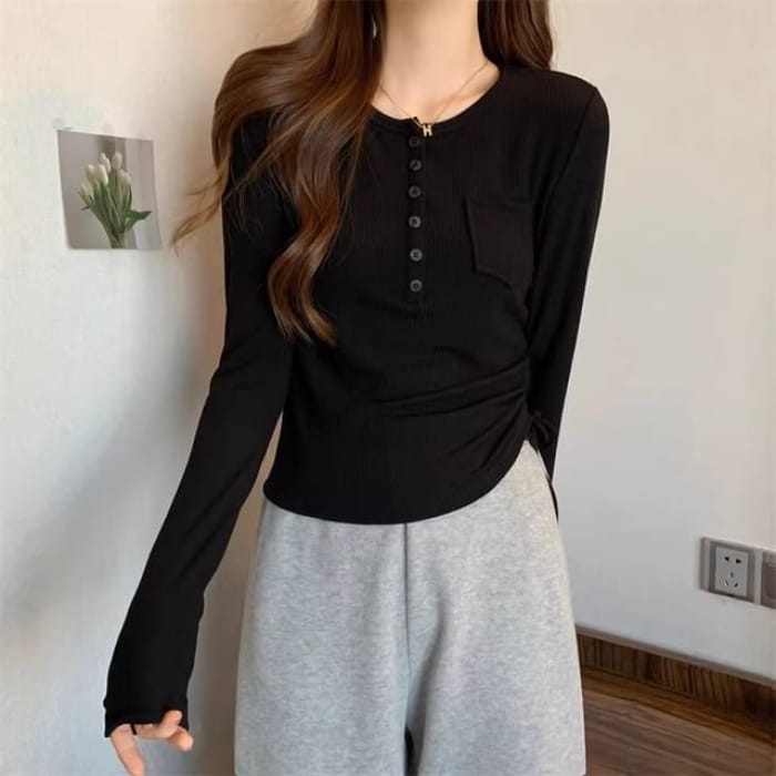 Long-Sleeve Half Buttoned Plain Top - Black / S - Clothing