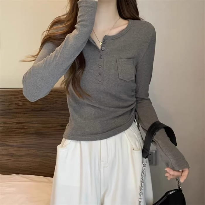 Long-Sleeve Half Buttoned Plain Top - Clothing