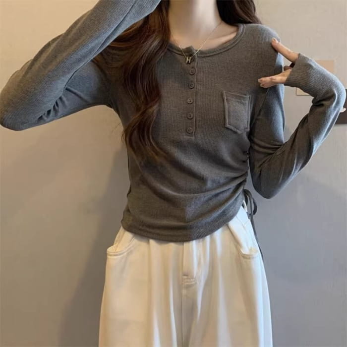 Long-Sleeve Half Buttoned Plain Top - Clothing