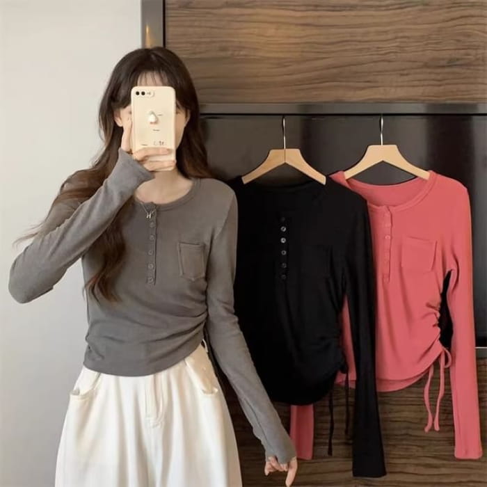 Long-Sleeve Half Buttoned Plain Top - Clothing