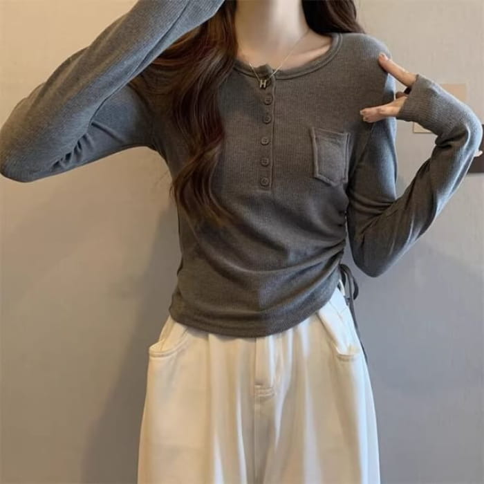 Long-Sleeve Half Buttoned Plain Top - Gray / S - Clothing