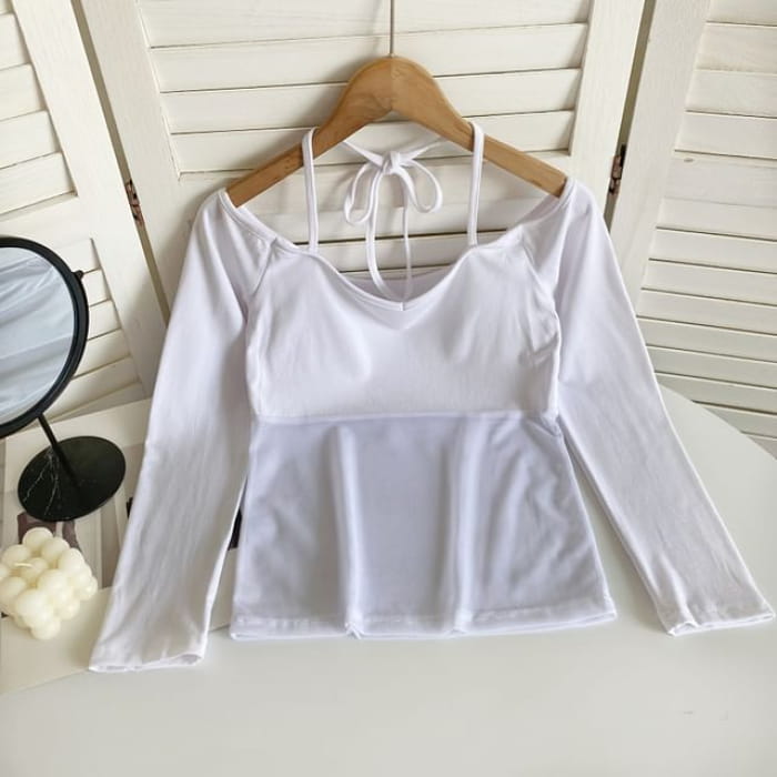 Long-Sleeve Halter Off-Shoulder Mesh Panel T-Shirt - White